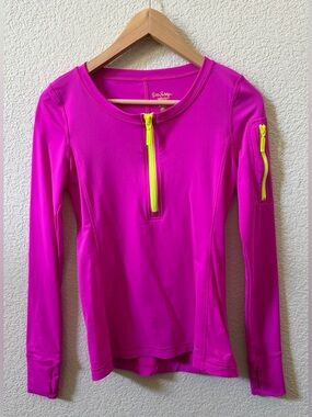 Lilly Pulitzer Luxletic XS Fuchsia & Neon Yellow Active 1/2 Zip Stretch Top